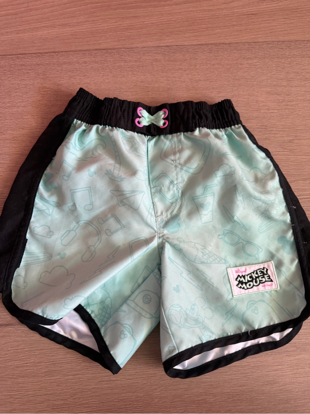 Disney Mint Green and Black Mickey Swim Trunks with Pink Drawcord